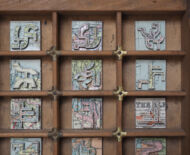 Artwork: Betabet (detail), 2014 by artist Emma Lloyd, Sculpted atlas and compositor's case