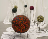 Artwork: Selectric Salford 2018 by artist Emma Lloyd, foam rubber balls, acrylic, paper, block printing ink, pencil and steel display stands