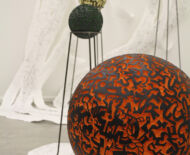Artwork: Selectric Salford (detail) 2018 by artist Emma Lloyd, foam rubber balls, acrylic, paper, block printing ink, pencil and steel display stands