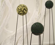 Artwork: Selectric Salford (detail) 2018 by artist Emma Lloyd, foam rubber balls, acrylic, paper, block printing ink, pencil and steel display stands