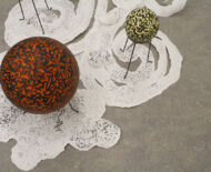 Artwork: Selectric Salford (detail) 2018 by artist Emma Lloyd, foam rubber balls, acrylic, paper, block printing ink, pencil and steel display stands