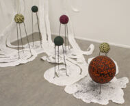 Artwork: Selectric Salford 2018 by artist Emma Lloyd, foam rubber balls, acrylic, paper, block printing ink, pencil and steel display stands