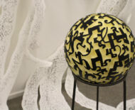 Artwork: Selectric Salford (detail) 2018 by artist Emma Lloyd, foam rubber balls, acrylic, paper, block printing ink, pencil and steel display stands