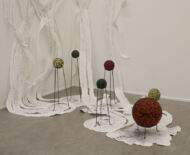 Artwork: Selectric Salford 2018 by artist Emma Lloyd, foam rubber balls, acrylic, paper, block printing ink, pencil and steel display stands